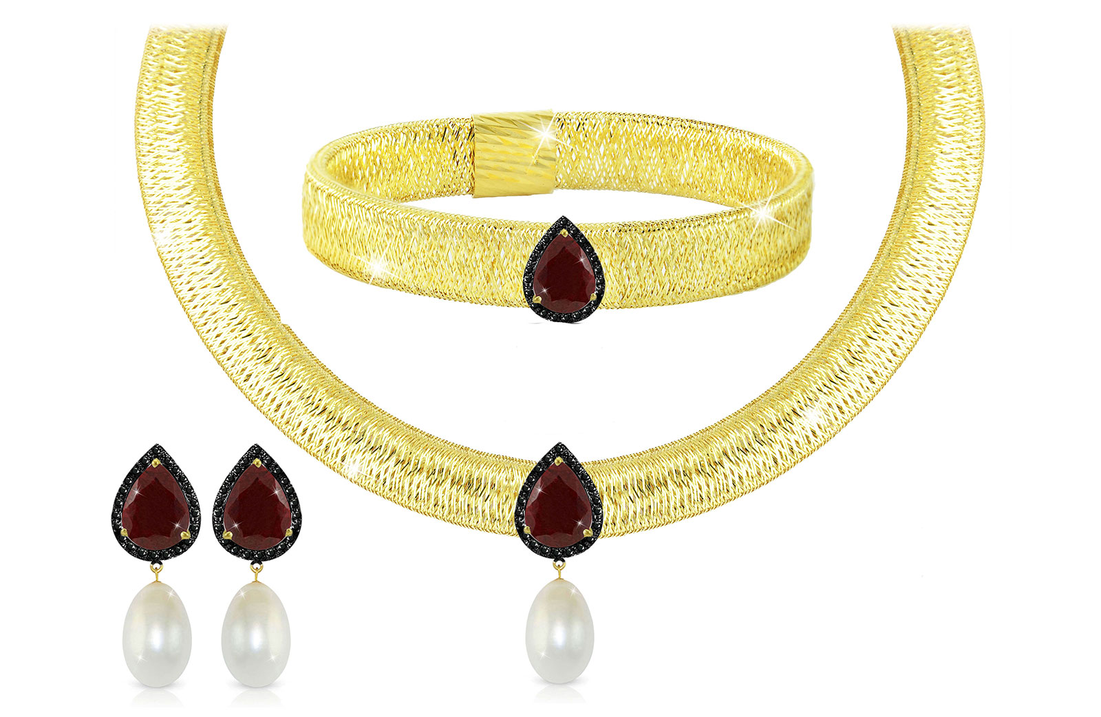 Vera Perla 18K Gold 0.48ct Black Diamonds, Ruby and 13mm White Pearl Jewelry Set - 3 pcs.